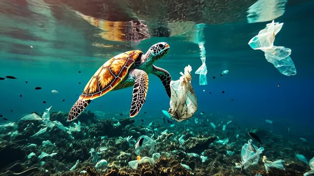 Sea turtle swims through ocean debris while attempting to eat plastic waste in coral reef