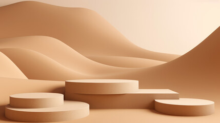 A serene desert landscape with abstract podiums creates an estranged visual, featuring smooth, undulating lines and gentle lighting, suggesting calmness and introspection.