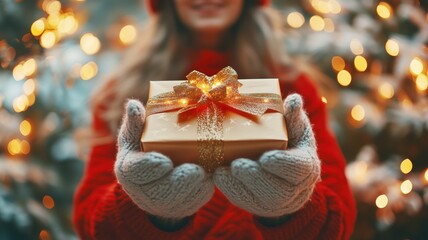 Woman is holding a box with a gold bow. Christmas winter cozy atmosphere. Panorama banner