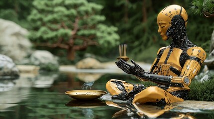 Zen Cyborg Meditating by Tranquil Water Feature