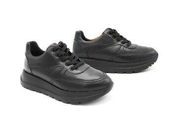 Fashionable leather lace-up boots isolated on white background. View from all sides. 