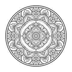 Circular pattern in form of mandala with flower for Henna, Mehndi, tattoo, decoration. Decorative ornament in ethnic oriental style. Outline doodle hand draw vector illustration.