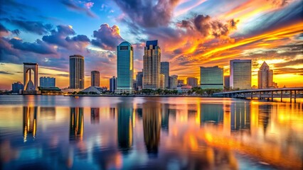 Fototapeta premium Skyline of Jacksonville, Florida at Sunset - Vibrant Cityscape with River and Iconic Architecture
