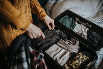 Obraz premium A person organizes a suitcase on the bed, carefully folding clothes and preparing for a weekend trip. The cozy atmosphere suggests a relaxed start to the journey