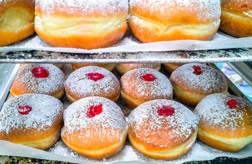 Donuts with jam for Hanukkah Jewish holiday