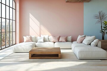 The Scandinavian interior of the living room with minimalist, pink pastel-toned walls and a sofa and table. Generative AI
