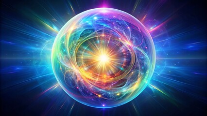 Obraz premium A luminous sphere pulsates with vibrant energy, showcasing a kaleidoscope of swirling colors and ethereal lights, representing the boundless possibilities of the cosmos.