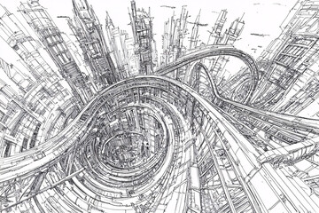 Obraz premium Detailed sketch of a futuristic city with spiral roadways and tall structures, conveying a sense of complexity and modern infrastructure 
