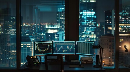 Nighttime View of a Cityscape From a Modern Office