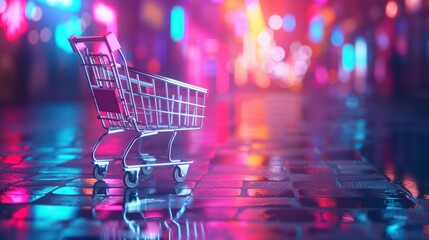 Shopping Cart in Neon Cityscape