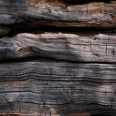 This image showcases a charred wood texture with deep blackened crevices, revealing the dramatic beauty and rugged character of burnt timber elements.