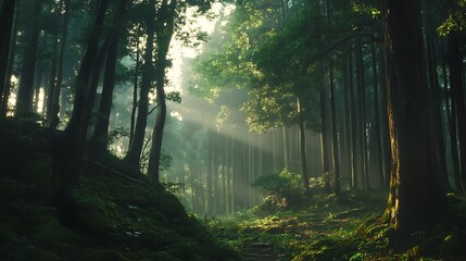 Obraz premium A serene forest scene illuminated by soft sunlight filtering through the trees, creating a tranquil atmosphere.