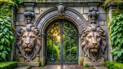 Obraz premium Majestic stone gate with lion sculptures leading to lush garden at sunset