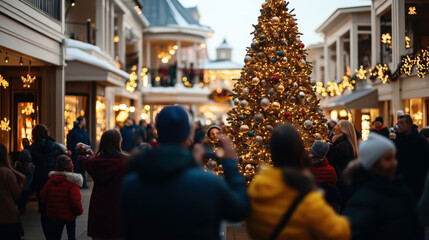 Crowd gathered around a large outdoor Christmas tree adorned with lights and ornaments in a festive shopping area during winter.