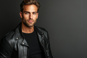 Fototapeta premium Confident man in leather jacket against dark backdrop