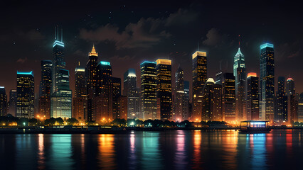 Obraz premium Lively cityscape at night illuminated by city lights