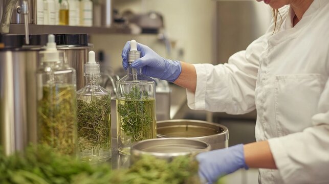 Botanical extraction of essential oils, distillation in progress, aromatic herbs, lab equipment, high detail