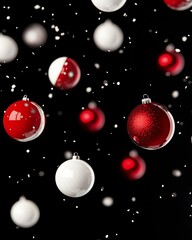 Fototapeta premium Red and White Christmas Ornaments Falling on Black Background