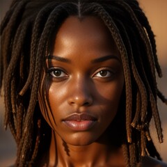 Portrait of a young African American woman with braided hair looking confidently at the camera