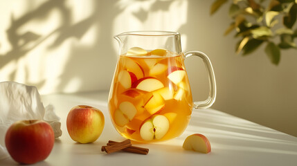 Refreshing Homemade Apple Cider in a Clear Glass Pitcher with Fresh Apple Slices and Cinnamon Sticks on a Sunny Table with Soft Shadows