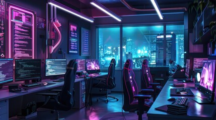Neon-Lit Gaming Room with City View
