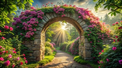 Fototapeta premium Stone Archway Adorned with Pink Flowers in a Lush Green Forest - Panoramic Photography