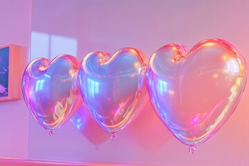 3D rendering of glossy translucent hearts levitating over advertising display against pink background with generative ai