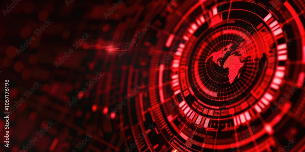 Poster a futuristic digital map design in red tones, showcasing interconnected data patterns and highlighti