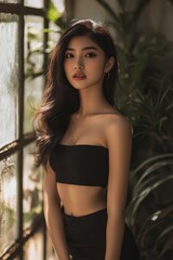 Fototapeta premium Beautiful young woman wearing a black dress, posing for a photo shoot. She has shoulder-length, straight, long brown hair and white skin
