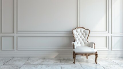 Classic armchair by white wall and floor with space for text
