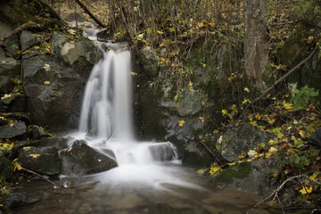 Close up view of a blurry waterfall.