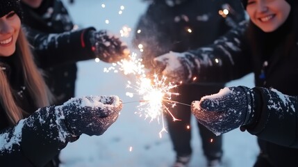 A group of friends celebrating the New Year, they stand a circle and holding sparklers in their hands.