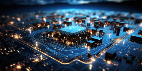 A close-up view of a circuit board with glowing components, symbolizing advanced technology.