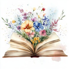 watercolor book with flowers out of the pages on white background 