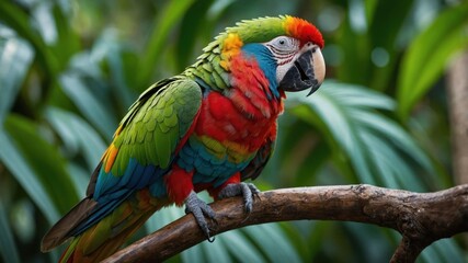 A colorful parrot perched on a branch amidst lush green foliage.