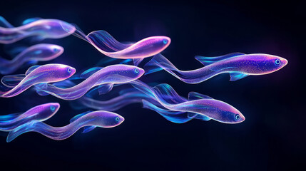 Glowing eels weave gracefully through dark waters, showcasing vibrant rainbow colors. Their enchanting movement creates mesmerizing underwater scene filled with wonder