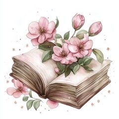 watercolor book with flowers out of the pages on white background 