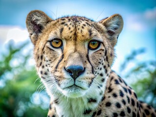 Naklejka premium Stunning Cheetah Portrait with High Depth of Field on Dark Background for Wildlife Enthusiasts