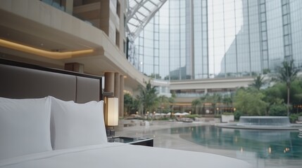 Fototapeta premium Luxurious Hotel Room with Pool View and Modern Design