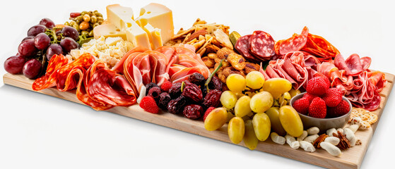 Platter of assorted meats and fresh cheeses displayed on a wooden board