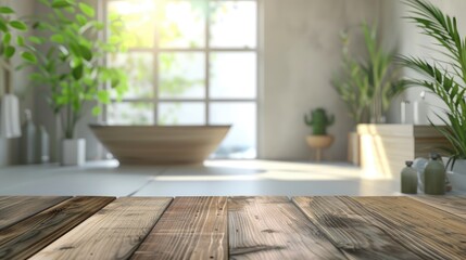 Fototapeta premium Blurred bathroom interior background with wooden table top for product showcase