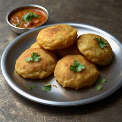 Fototapeta premium bedmi puris, slightly crispy and stuffed with spices, served with spicy aloo sabzi, garnished with coriander leaves and served on a metal plate.