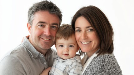 A happy family of three, with the parents holding their child, standing in a studio against a bright white background,