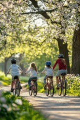 Fototapeta premium A family of four riding bicycles together in a green park, with trees and flowers in full bloom,