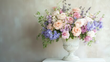 An elegant composition of pastel flowers in a vase on a background of neutral tones, creating a feeling of comfort and tranquility.