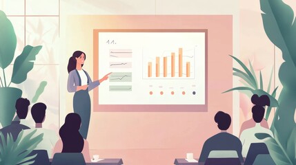 Vector illustration of a business presentation: A speaker presents bar and pie charts to colleagues, with a clean and pastel-accented office ambiance