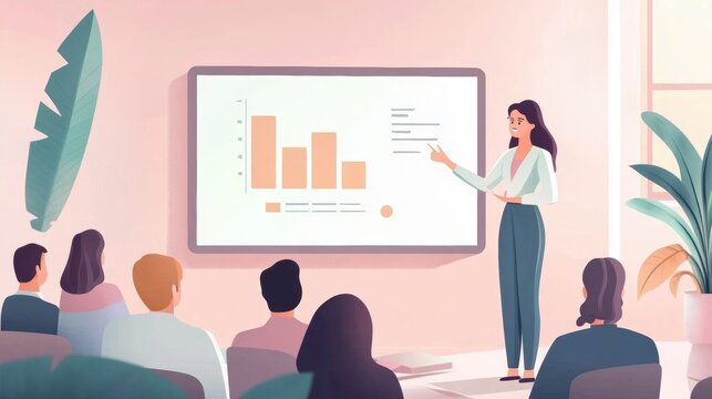 Vector illustration of a business presentation: A woman presenting data charts to an audience in a modern office, with soft pastel tones and a minimalist design