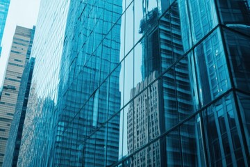 Fototapeta premium A close-up of the glass facade of an office building with reflections on it, skyscrapers in blue tones in the background
