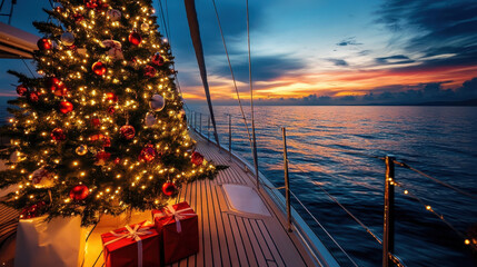 Christmas tree with presents illuminating yacht deck at sunset