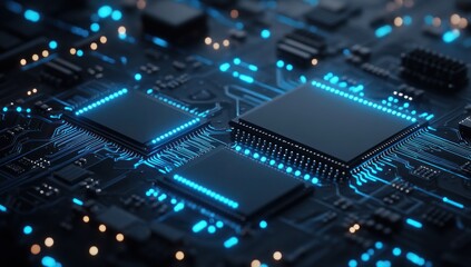 Fototapeta premium A close-up of two computer chips with blue glowing lines connecting them